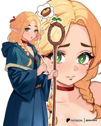 Rule 34 | 1girl, :o, bare shoulders, belt, blonde hair, blue capelet, blue robe, braid, breasts, brown belt, capelet, choker, cleavage, clenched hand, closed mouth, collarbone, commentary, datli64, dungeon meshi, english commentary, food, green eyes, hair over shoulder, hair ribbon, half up braid, half updo, highres, holding, holding staff, hood, hooded capelet, image in thought bubble, light blush, long hair, long sleeves, looking at viewer, low twin braids, mage staff, marcille donato, multiple views, outline, paid reward available, patreon logo, patreon username, pointy ears, raised eyebrows, red choker, red ribbon, ribbon, robe, sidelocks, simple background, staff, standing, thick eyelashes, thought bubble, twin braids, white background, white outline