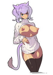 Rule 34 | 10s, 1girl, :&lt;, animal ears, black panties, black thighhighs, blue eyes, blush, breastless clothes, breasts, breasts out, cameltoe, cat ears, cat girl, cat tail, cleavage cutout, clothing cutout, cowboy shot, cropped legs, female focus, final fantasy, final fantasy xiv, highres, huge nipples, large breasts, meme attire, miqo&#039;te, nipples, no bra, open-chest sweater, open m/, panties, purple hair, ribbed sweater, short hair, solo, sweater, tail, thigh gap, thighhighs, tomoyuki kotani, turtleneck, two side up, underwear