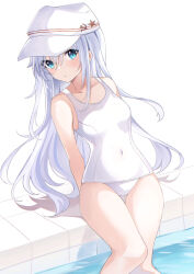 Rule 34 | 1girl, absurdres, blue eyes, blush, collarbone, covered navel, fathom, flat cap, grey hair, hammer and sickle, hat, hibiki (kancolle), highres, kantai collection, long hair, looking at viewer, one-piece swimsuit, open mouth, outdoors, pool, poolside, school swimsuit, sitting, smile, soaking feet, solo, swimsuit, verniy (kancolle), water, white one-piece swimsuit