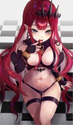 Rule 34 | 1girl, absurdres, baobhan sith (fate), baobhan sith (second ascension) (fate), black nails, black pantyhose, blood, blood from mouth, blood on face, blush, bracelet, breasts, checkered floor, detached sleeves, earrings, fate/grand order, fate (series), feet out of frame, grey eyes, hair ornament, hand up, highres, hoop earrings, jewelry, klash, long hair, looking at viewer, nail polish, navel, open mouth, pantyhose, pointy ears, red hair, revealing clothes, sidelocks, sitting, solo, spiked bracelet, spikes, thigh strap