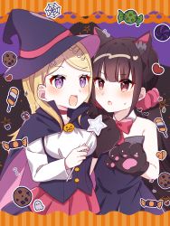 Rule 34 | 2girls, :d, :o, absurdres, akamatsu kaede, animal ears, animal hands, black dress, black hair, black headwear, blonde hair, blush, bow, bowtie, breasts, candy, cat ears, cat paws, danganronpa (series), danganronpa v3: killing harmony, detached collar, dress, food, fortissimo, ghost, hair ornament, halloween costume, hana no yo, harukawa maki, hat, highres, holding, holding wand, large breasts, long hair, looking at another, low twintails, multiple girls, musical note, musical note hair ornament, open mouth, pink eyes, red bow, red bowtie, red scrunchie, scrunchie, smile, sweatdrop, twintails, wand, witch hat