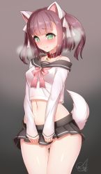 Rule 34 | 1girl, animal ears, azur lane, belt collar, black background, black skirt, blunt bangs, blush, bow, bowtie, breasts, breath, brown hair, closed mouth, collar, collarbone, crop top, dog ears, dog tail, doyouwantto, embarrassed, gradient background, green eyes, grey background, hair ribbon, legs together, long sleeves, looking down, medium hair, microskirt, midriff, navel, nose blush, off shoulder, pink bow, pink bowtie, pleated skirt, pussy juice, red collar, ribbon, sailor collar, school uniform, serafuku, shiny skin, shiratsuyu (azur lane), sidelocks, signature, single bare shoulder, skirt, small breasts, solo, standing, stomach, sweat, tail, thigh gap, two side up, v arms, white ribbon