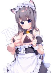 Rule 34 | 1girl, animal ear fluff, animal ears, apron, bare shoulders, bell, between breasts, bikini, bikini top only, black bow, black dress, black hairband, blush, bow, breasts, brown bikini, brown hair, cat ears, chikuwa., cleavage, closed mouth, clothes pull, collar, commentary request, detached collar, detached sleeves, disembodied hand, dress, dress pull, frilled apron, frilled hairband, frills, hairband, highres, jingle bell, large breasts, long hair, original, puffy short sleeves, puffy sleeves, purple eyes, short sleeves, simple background, solo focus, strapless, strapless dress, swimsuit, waist apron, white apron, white background, white collar