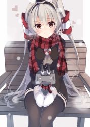Rule 34 | 10s, 1girl, amatsukaze (kancolle), brown eyes, dress, gloves, heart, kantai collection, long hair, mittens, netarou, outdoors, pantyhose, rensouhou-kun, sailor dress, scarf, short dress, silver hair, sitting, snowing, solo, thighhighs, twintails, two side up, white mittens
