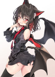Rule 34 | 1girl, animal ear fluff, animal ears, ass, belt, black dress, black hair, black panties, black thighhighs, black wings, blush, cat ears, closed mouth, cowboy shot, demon wings, detached sleeves, dress, fang, fang out, finger to mouth, from behind, gradient hair, heart, kakao rantan, long sleeves, looking at viewer, looking back, multicolored hair, necktie, original, panties, pantyshot, red eyes, red hair, red necktie, short dress, short hair, smile, solo, speech bubble, spoken heart, thighhighs, underwear, wings