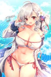 Rule 34 | 1girl, :d, ahoge, armpit crease, artist name, bare shoulders, bikini, black ribbon, blue sky, blush, breasts, bubble, cameltoe, cleavage, cleavage cutout, clothing cutout, cloud, cloudy sky, collarbone, commentary request, cowboy shot, curvy, day, flower, girls&#039; frontline, gluteal fold, groin, hair flower, hair ornament, hair ribbon, hand up, highres, jacket, large breasts, long hair, long sleeves, looking at viewer, maett, navel, off shoulder, official alternate costume, open mouth, outdoors, red eyes, ribbon, ripples, side-tie bikini bottom, sidelocks, sky, sleeves rolled up, smile, solo, spas-12 (girls&#039; frontline), spas-12 (midsummer fruit) (girls&#039; frontline), standing, stomach, swimsuit, wavy hair, white bikini, white flower, white hair, white jacket, wide hips