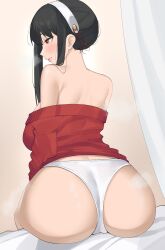 Rule 34 | 1girl, absurdres, ass, back, bare shoulders, black hair, breasts, byeon dha, closed mouth, clothes pull, curtains, dress, from behind, hairband, highres, large breasts, lips, panties, red eyes, sidelocks, sitting, solo, spy x family, sweater, sweater dress, underwear, white hairband, white panties, yor briar