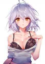 Rule 34 | 1girl, ahoge, ainy, artist name, bad id, bad twitter id, black bra, blush, bra, breasts, cleavage, fate/grand order, fate (series), hair between eyes, hand on own chest, highres, jeanne d&#039;arc (fate), jeanne d&#039;arc alter (avenger) (fate), jeanne d&#039;arc alter (fate), lace, lace bra, large breasts, lips, looking at viewer, medium hair, nail polish, off-shoulder shirt, off shoulder, shirt, silver hair, simple background, solo, underwear, yellow eyes