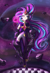 Rule 34 | 1girl, absurdres, alternate costume, alternate hair color, elbow gloves, gloves, glowing, glowing eye, highres, league of legends, lips, lipstick, long hair, magical girl, makeup, purple hair, sitting, star (symbol), star guardian (league of legends), star guardian zoe, thighhighs, very long hair, zoe (league of legends)