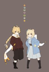 Rule 34 | 1boy, 1girl, :o, aether (genshin impact), aged down, ahoge, animal ears, bear boy, bear ears, bear girl, bear tail, black footwear, black shorts, blonde hair, blue flower, blue jacket, blush, boots, braid, brother and sister, brown eyes, brown jacket, closed mouth, commentary request, dress, eyebrows hidden by hair, flower, genshin impact, glowing, grey background, grey dress, hair between eyes, hair flower, hair ornament, hands in pockets, hands on own hips, highres, hood, hood down, hooded jacket, jacket, kemonomimi mode, korean commentary, long hair, looking at viewer, lumine (genshin impact), marimo jh, open clothes, open jacket, parted lips, scarf, shorts, siblings, simple background, single braid, smile, tail, twins, very long hair, white scarf