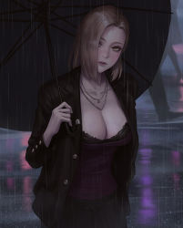 Rule 34 | 1girl, bra, bra peek, breasts, brown hair, cleavage, closed mouth, hair over one eye, hand in pocket, highres, holding, holding umbrella, jacket, jewelry, large breasts, looking at viewer, medium hair, necklace, nuker (nukerdraws), open clothes, open jacket, original, outdoors, rain, solo focus, umbrella, underwear