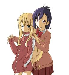 Rule 34 | 10s, 2girls, :/, black hair, blonde hair, blue eyes, blush, cardigan, closed mouth, collared shirt, gabriel dropout, gabriel tenma white, hair ornament, hairclip, hand in pocket, hand on another&#039;s shoulder, highres, holding hands, jacket, long hair, looking at viewer, multiple girls, pleated skirt, purple eyes, red jacket, red skirt, school uniform, shigure (sigre), shirt, simple background, sketch, skirt, sleeves past wrists, striped clothes, striped jacket, track jacket, very long hair, vignette tsukinose april, white background, white shirt, wing collar, x hair ornament