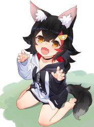 Rule 34 | 1girl, aged down, animal ear fluff, animal ears, bad id, bad twitter id, black hair, full body, hair ornament, hololive, izumi sai, long hair, looking at viewer, ookami mio, ookami mio (casual), open mouth, simple background, sitting, smile, solo, tail, virtual youtuber, wolf ears, wolf tail