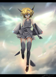 Rule 34 | 1girl, 1other, angel wings, bare shoulders, blonde hair, breasts, closed mouth, cloud, cloudy sky, commentary request, covered navel, detached sleeves, f-22 raptor, highres, letterboxed, lockheed martin, looking at viewer, mecha, navel, original, personification, robot, science fiction, sky, small breasts, solo, thrusters, wings, zephyr164