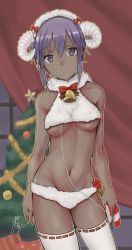 Rule 34 | 1girl, bare arms, bare shoulders, bell, breasts, christmas, dark-skinned female, dark skin, fate/grand order, fate (series), fur collar, hair between eyes, hassan of serenity (fate), hassan of serenity (merry sheep) (fate), horns, looking at viewer, medium breasts, panties, purple eyes, purple hair, rinkuruto, sheep horns, signature, solo, thighhighs, underwear, white panties, white thighhighs