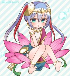 Rule 34 | 1girl, anklet, aqua eyes, armlet, bad id, bad pixiv id, barefoot, between legs, blue hair, diagonal stripes, earrings, flower, hair ornament, hand between legs, indian clothes, jewelry, jitome, lakshmi (p&amp;d), lotus, mashiro miru, midriff, necklace, puzzle &amp; dragons, sitting, solo, striped, striped background, twintails, twitter username, water drop