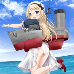 Rule 34 | 1girl, anchor, ass, beach, beret, blonde hair, blue eyes, blue sailor collar, blush, cannon, clothes lift, commentary request, day, dress, dress lift, gloves, hair between eyes, hat, jervis (kancolle), kantai collection, leg up, long hair, looking at viewer, machinery, neko danshaku, ocean, off-shoulder dress, off shoulder, open mouth, outdoors, panties, pantyshot, rigging, sailor collar, sailor dress, sailor hat, shoes, short sleeves, smile, smokestack, socks, solo, standing, torpedo tubes, turret, underwear, weapon, white dress, white gloves, white hat, white panties