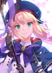 Rule 34 | 1girl, artoria caster (fate), artoria caster (second ascension) (fate), artoria pendragon (fate), beret, black gloves, blonde hair, blue bow, blue cape, blue capelet, blue hat, blush, bow, breasts, brown hair, buttons, cape, capelet, closed mouth, commentary request, falling petals, fate/grand order, fate (series), flower, gloves, green eyes, hair ornament, hat, highres, holding, holding staff, long hair, long sleeves, looking at viewer, medium breasts, nishimura eri, petals, pink flower, smile, solo, staff, upper body