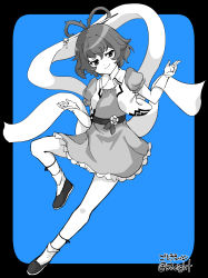 Rule 34 | 1girl, absurdres, blue background, chisel, closed mouth, dress, flower, gotou eight, hair ornament, hair rings, hair stick, highres, kaku seiga, limited palette, looking at viewer, one-hour drawing challenge, outside border, shawl, shoes, short hair, smile, socks, solo, touhou, twitter username, vest