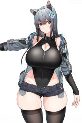 Rule 34 | 1girl, animal ears, aqua eyes, black hair, black thighhighs, breasts, choker, cleavage, collar, collarbone, detached sleeves, groin, highleg, highleg leotard, huge breasts, jacket, leotard, long hair, mole, mole under eye, open clothes, open jacket, original, shorts, simple background, skindentation, solo, thighhighs, white background, xiangzi box