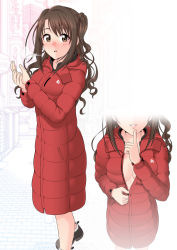 Rule 34 | 1girl, :o, asso, black footwear, blush, breasts, breath, brown eyes, brown hair, city, cleavage, coat, commentary request, down jacket, finger to mouth, idolmaster, idolmaster cinderella girls, index finger raised, jacket, long sleeves, looking at viewer, medium breasts, multiple views, naked coat, no bra, one side up, outdoors, own hands together, parted lips, red coat, shimamura uzuki, shoes, shushing, smile, standing, undressing, wavy hair, winter, winter clothes, winter coat