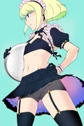 Rule 34 | 1boy, absurdres, black skirt, black thighhighs, blonde hair, earrings, green background, grey shorts, hand on own hip, highres, holding, holding plate, jewelry, koshi koshi, lio fotia, looking to the side, maid, maid headdress, male focus, navel, plate, promare, purple eyes, short hair, short shorts, short sleeves, shorts, shorts under skirt, simple background, skirt, solo, thighhighs, trap, triangle earrings