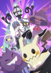 Rule 34 | 1girl, be syake, black skirt, black sleeves, blue fire, blue hair, chandelure, closed eyes, closed mouth, commentary, creatures (company), detached sleeves, drifloon, fire, game freak, gen 1 pokemon, gen 4 pokemon, gen 5 pokemon, gen 7 pokemon, gengar, ghost miku (project voltage), glitch, grey shirt, grin, hair between eyes, hatsune miku, highres, long hair, looking at viewer, mimikyu, mismagius, necktie, nintendo, open mouth, pale skin, pokemon, pokemon (creature), print sleeves, project voltage, purple background, salazzle, see-through, see-through skirt, shaded face, shirt, skirt, sleeveless, sleeveless shirt, sleeves past fingers, sleeves past wrists, smile, sparkle, twintails, very long hair, vocaloid, white necktie, yellow eyes