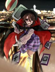 Rule 34 | 1girl, :d, ;d, bad id, bad pixiv id, brown eyes, brown hair, bus stop, cape, card, city, cityscape, flying, gloves, itirirenn, one eye closed, open mouth, road sign, shirt, short hair, sign, skirt, smile, solo, touhou, usami sumireko, vest, zener card