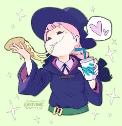 Rule 34 | 10s, 1girl, artist request, eating, fat, food, hat, heart, little witch academia, pizza, solo
