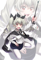 Rule 34 | 1girl, anchovy (girls und panzer), anzio school uniform, arm up, artist request, black cape, black ribbon, black skirt, cape, drill hair, girls und panzer, green eyes, hair between eyes, hair ribbon, highres, long hair, looking at viewer, open mouth, pointer, ribbon, school uniform, shirt, simple background, skirt, smile, solo, twintails, very long hair, white background, white shirt, zoom layer
