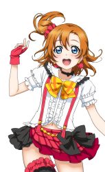 Rule 34 | 1girl, artist request, blue eyes, blush, bokura wa ima no naka de, bow, choker, earrings, fingerless gloves, frills, gloves, hair bow, jewelry, jumping, kosaka honoka, looking at viewer, love live!, love live! school idol festival, love live! school idol festival after school activity, love live! school idol project, navel, official art, one side up, open mouth, orange hair, parted bangs, plaid, smile, solo, suspenders, teeth, transparent background