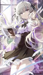 Rule 34 | 1girl, bare shoulders, black bow, black ribbon, black skirt, book, bow, breasts, falling feathers, feathers, goomrrat, grey hair, hair ornament, high-waist skirt, highres, holding, holding book, long hair, looking at viewer, medium breasts, multicolored hair, neck ribbon, off shoulder, original, purple eyes, purple hair, ribbon, shirt, skirt, sweater, thighhighs, two-tone hair, white shirt, white thighhighs, zettai ryouiki