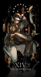 Rule 34 | 1boy, arknights, black background, black coat, black footwear, black hat, black pants, blonde hair, brown hair, cigarette, coat, commentary, crossed legs, english text, fedora, fins, fish tail, full body, furry, furry male, glasses, gloves, hand on own head, hat, highres, holding, holding cigarette, kasumi yuzuha, lee (arknights), long sleeves, male focus, multicolored coat, multicolored hair, muzzle, pants, scarf, simple background, solo, sparkle, streaked hair, tail, talisman, tarot, tassel, two-tone coat, white coat, white pants, yellow gloves, yellow scarf