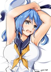 Rule 34 | armpits, arms up, bed, blue eyes, blue hair, breasts, double bun, hair bun, hat, kantai collection, large breasts, lingerie (aki3240), neckerchief, one-hour drawing challenge, open mouth, sailor hat, school uniform, serafuku, sleeves rolled up, solo, twitter username, unworn hat, unworn headwear, urakaze (kancolle), white hat