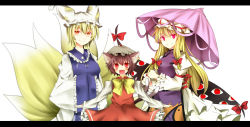 Rule 34 | 3girls, :d, animal ears, bad id, bad pixiv id, blonde hair, brown hair, cat ears, cat girl, cat tail, chen, earrings, fang, female focus, fox tail, gap (touhou), hands in opposite sleeves, hat, jewelry, letterboxed, multiple girls, multiple tails, open mouth, outstretched arms, parasol, pasutel, pink eyes, red eyes, short hair, simple background, single earring, smile, spread arms, tail, touhou, umbrella, yakumo ran, yakumo yukari