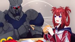 Rule 34 | 1boy, 1girl, absurdres, atelier live, commentary, english commentary, eyebrows hidden by hair, flat chest, food, french fries, hair ornament, hair rings, hairclip, highres, holding, holding food, horns, indie virtual youtuber, kani kanizawa, looking down, mecha, off-shoulder jacket, off shoulder, open mouth, purple eyes, red eyes, red hair, robot, sandwich, valefal coneri, valefor (vtuber), virtual youtuber