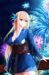 Rule 34 | absurdres, blue dress, blue eyes, breasts, cleavage, dd (897671246), dress, feather hair ornament, fireworks, hair ornament, highres, large breasts, lexington (warship girls r), long hair, mature female, platinum blonde hair, solo, uss lexington (cv-2), warship girls r
