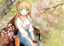 Rule 34 | 1girl, :d, bench, blonde hair, blue eyes, blush, breasts, collarbone, commentary request, cup, day, double bun, artistic error, flower, from above, hair bun, holding, holding cup, kurata rine, long hair, long sleeves, looking at viewer, looking up, medium breasts, on bench, open mouth, original, outdoors, park bench, petals, pink flower, puffy long sleeves, puffy sleeves, shirt, side bun, sitting, smile, solo, stone wall, thermos, very long hair, wall, white shirt
