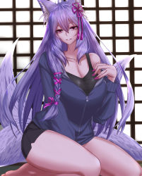 Rule 34 | 1girl, animal ears, breasts, cleavage, fox ears, fox tail, hair ornament, highres, jacket, large breasts, light purple hair, long hair, looking at viewer, multiple tails, nail polish, seiza, short shorts, shorts, sitting, smile, solo, tail, tank top, very long hair, virtual youtuber, wiz (coolhait), yukio kon, zipper