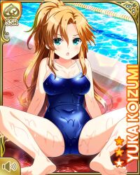 Rule 34 | 1girl, :o, blue one-piece swimsuit, brown hair, card, character name, competition swimsuit, day, girlfriend (kari), green eyes, hair ornament, koizumi yuka (gf kari), official art, one-piece swimsuit, open mouth, outdoors, ponytail, pool, purple shirt, qp:flapper, shirt, sitting, solo, swimsuit, tagme, tired, wet, wet clothes, wet swimsuit