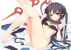 Rule 34 | 1girl, :p, ahoge, alternate costume, alternate hair length, alternate hairstyle, ass, asymmetrical wings, barefoot, black bra, black hair, black socks, blush, bottomless, bra, breasts, closed mouth, clothes lift, clothes pull, eyebrows, hair bobbles, hair ornament, houjuu nue, igayan, kneehighs, legs up, unworn legwear, long hair, looking at viewer, lying, o-ring, o-ring top, on back, panties, unworn panties, pointy ears, red eyes, shirt lift, shorts, shorts pull, unworn shorts, smile, socks, solo, string panties, tongue, tongue out, touhou, twintails, underboob, underwear, very long hair, wings