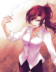 Rule 34 | 1girl, aozaki touko, black pants, breasts, cigarette, cleavage, collarbone, collared shirt, commentary request, highres, holding, holding cigarette, jewelry, kara no kyoukai, lo lis, medium breasts, necklace, pants, ponytail, red eyes, red hair, shirt, signature, sleeves rolled up, smile, smoke, solo, white shirt