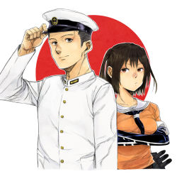 Rule 34 | 10s, 1boy, 1girl, adjusting clothes, adjusting headwear, admiral (kancolle), bad id, bad tumblr id, black gloves, brown eyes, brown hair, buttons, crossed arms, elbow gloves, gloves, grey eyes, hat, hiro (chumo), japanese flag, kantai collection, military, military uniform, outline, peaked cap, school uniform, sendai (kancolle), serafuku, short hair, short sleeves, simple background, two side up, uniform, white background