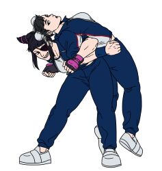 Rule 34 | 2girls, arm support, black gloves, black hair, blue pants, blue track suit, blue wristband, capcom, chun-li, double bun, drill hair, earrings, efd, exercising, eyepatch, fingerless gloves, furrowed brow, gloves, grey footwear, grey shirt, hair bun, hair ornament, han juri, highres, holding another&#039;s arm, jewelry, leaning forward, looking at another, looking back, multiple girls, open mouth, pants, partially unzipped, red stripes, shirt, smile, street fighter, street fighter v, twin drills, white background, yuri, zipper