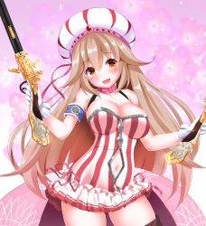 Rule 34 | 1girl, :d, agrostemma (flower knight girl), armlet, breasts, brown eyes, brown hair, chisato (missing park), choker, cleavage, clothing cutout, cowboy shot, dress, dual wielding, floral background, flower, flower knight girl, frills, gloves, gun, hat, holding, large breasts, long hair, looking at viewer, navel, navel cutout, open mouth, pink background, pink neckwear, short dress, smile, solo, standing, striped clothes, striped headwear, vertical-striped clothes, vertical-striped headwear, weapon, white gloves