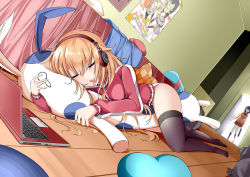 Rule 34 | absurdres, animal-shaped pillow, anotoki ashi, bed, black legwear, blanket, blonde hair, commentary request, computer, drooling, dutch angle, gabriel dropout, gabriel tenma white, headphones, heart, heart-shaped pillow, highres, indoors, jacket, laptop, long hair, messy hair, no pants, on floor, perspective, pillow, poster (medium), poster (object), purple hair, room, school uniform, sleeping, thighhighs, track jacket, ukami, vignette tsukinose april, walk-in, wooden floor