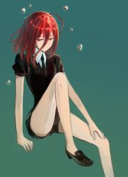 Rule 34 | 1other, ahoge, androgynous, bad id, bad twitter id, bare arms, bare legs, black footwear, black necktie, black shirt, black shorts, cinnabar (houseki no kuni), closed mouth, collared shirt, commentary request, green background, hair between eyes, highres, houseki no kuni, knee up, long legs, looking away, musshu (omu001), nail polish, necktie, puffy short sleeves, puffy sleeves, red eyes, red hair, red nails, shirt, shoes, short hair, short sleeves, shorts, sitting, solo