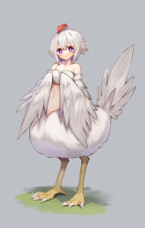 Rule 34 | 1girl, absurdres, ahoge, bandeau, bird girl, bird legs, bird tail, bright pupils, commission, feathers, full body, grey background, hair between eyes, harpy, highres, medium hair, midriff, monster girl, moti yousei, navel, original, purple eyes, red hair, second-party source, skeb commission, smile, tail, taur, tori (tama), white feathers, white hair, white wings, winged arms, wings