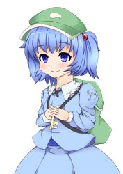 Rule 34 | 1girl, backpack, bag, blue eyes, blue hair, blush, female focus, hair bobbles, hair ornament, own hands clasped, hat, kawashiro nitori, key, kyuushiki, matching hair/eyes, own hands together, skirt, solo, touhou, twintails, two side up