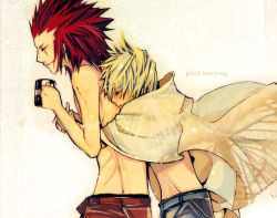 Rule 34 | 2boys, axel, blush, closed eyes, gradient background, happy, kingdom hearts, male focus, multiple boys, roxas, smile, topless male, white background, yaoi